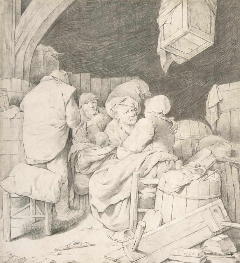 Peasants Gathered at an Inn Drawing by Cornelis Pietersz Bega