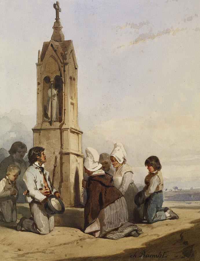 Peasants Kneeling Before Shrine Drawing by Charles Ramelet