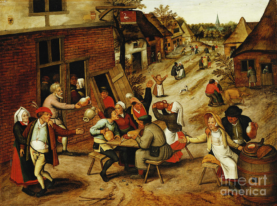 Peasants Merrymaking Outside The Swan Inn In A Village Street, 1630 Painting by Pieter The Younger Brueghel