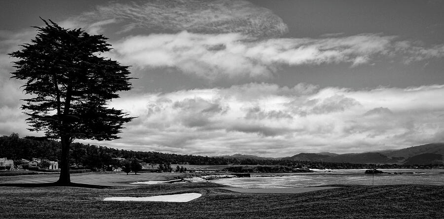 Pebble Beach - The 18th Hole Black and White Photograph by Judy Vincent