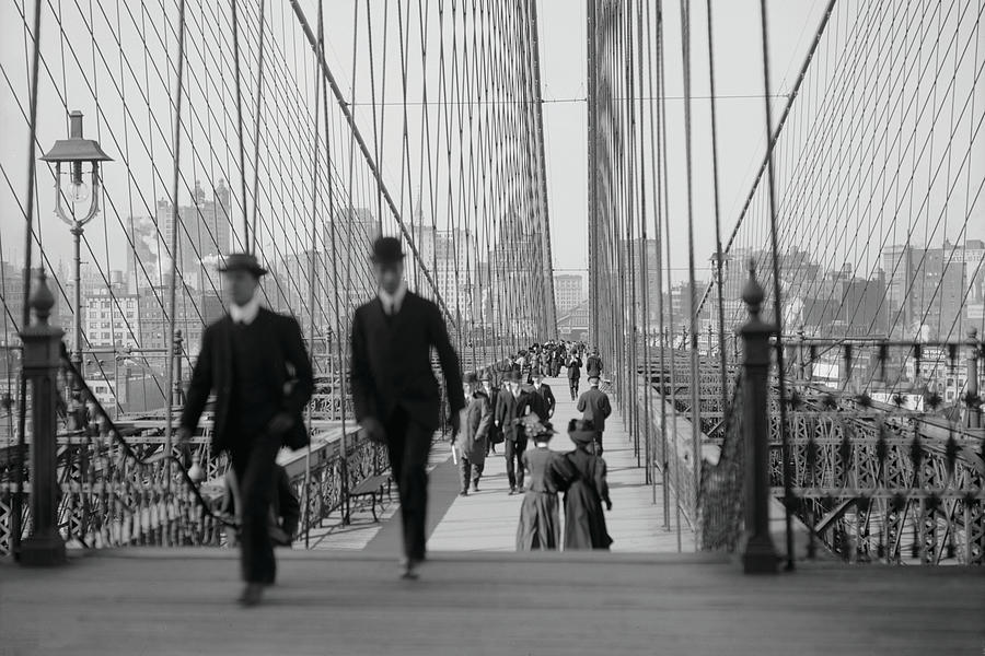 Bridge Painting - Pedestrians Cross the Brooklyn Bridge by Unknown