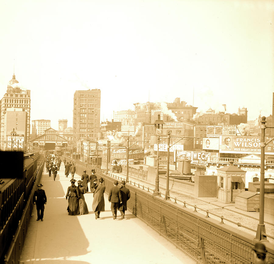 Pedestrians on New York, N.Y., Brooklyn Bridge Painting by 