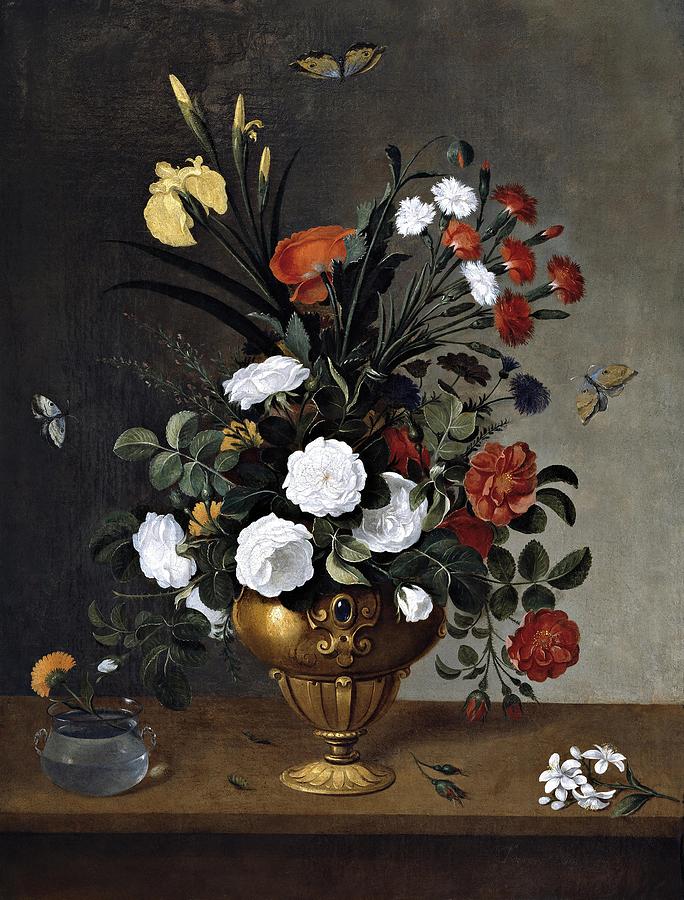 Pedro Camprobin / Flower Vase and Crystal Vessel, 1663, Spanish School. Painting by Pedro de Camprobin -1605-1674-