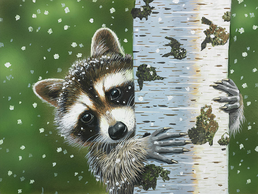 Winter Painting - Peek-a-boo Raccoon by William Vanderdasson