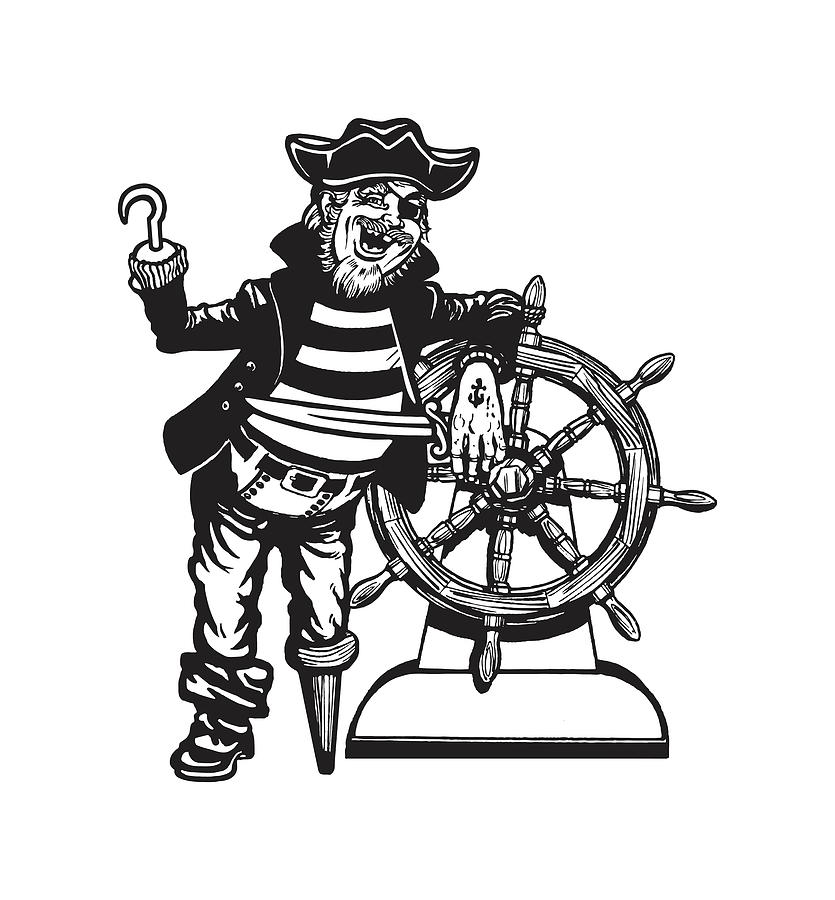 Black And White Drawing - Peg Leg Pirate at The Wheel by CSA Images