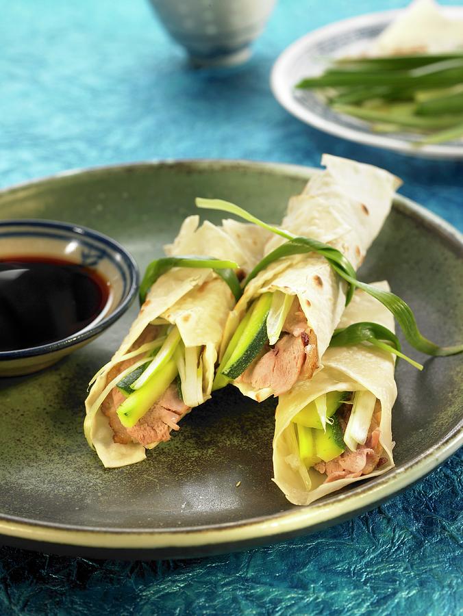 Peking Duck, Zucchini And Ginger Wraps Photograph by Lawton