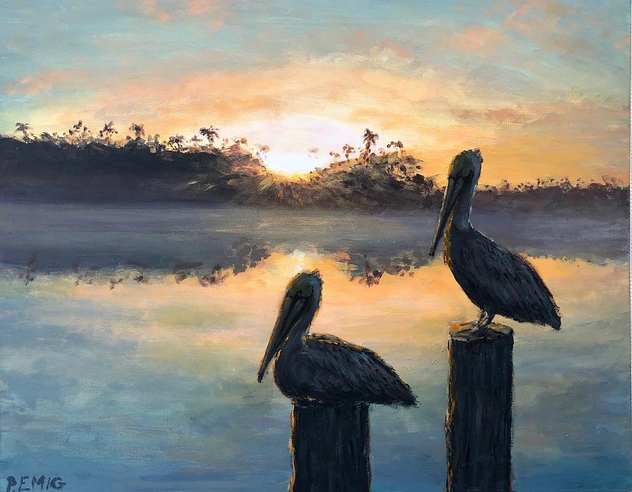 Pelican Painting - Pelican Sunrise by Paul Emig Pelican Painting - Pelican Sunrise by Paul Emig