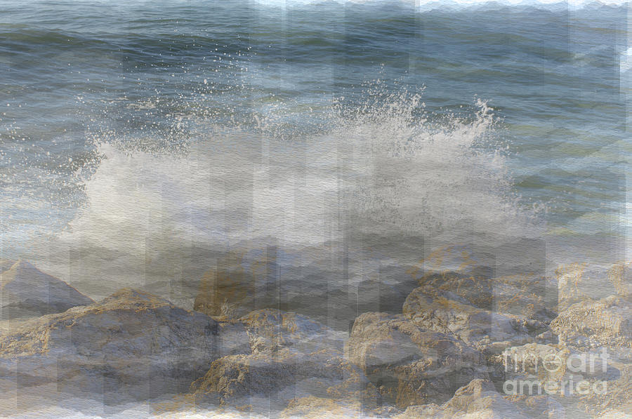 Pencil effect edit of Waves crashing against rocks in Torremolinos Digital Art by Pics By Tony