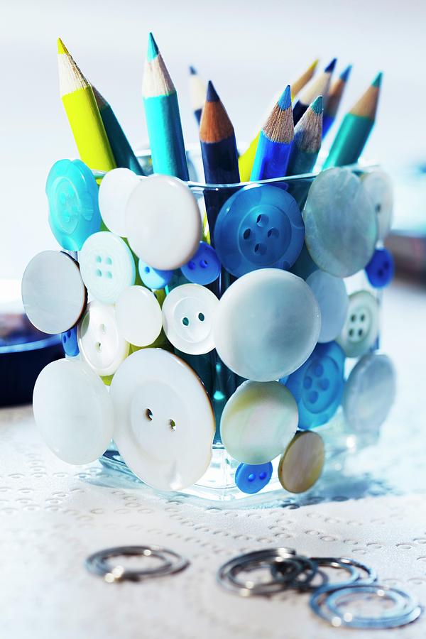 Pencil Jar Decorated With Buttons Photograph by Franziska Taube