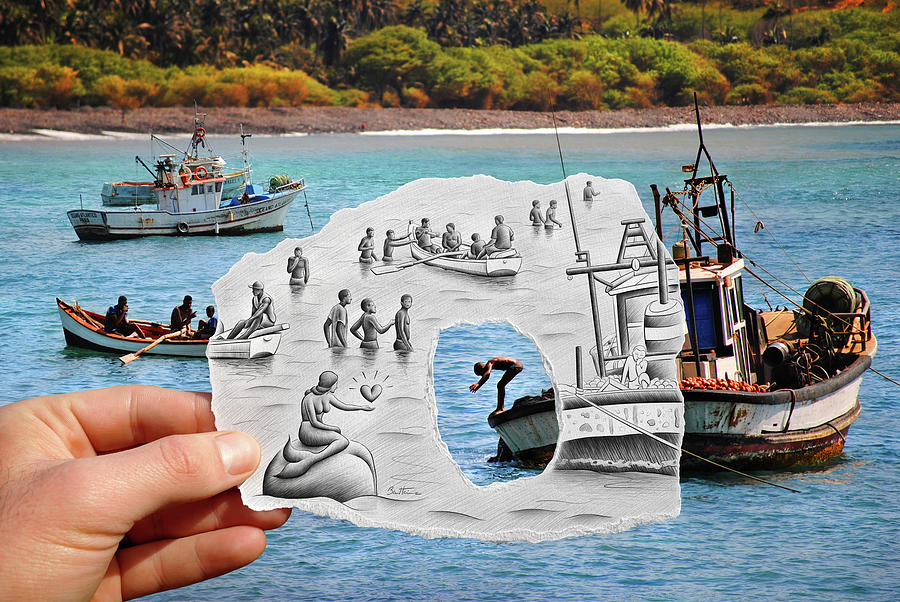Mermaid Photograph - Pencil Vs Camera - Boats And Swimmers by Ben Heine