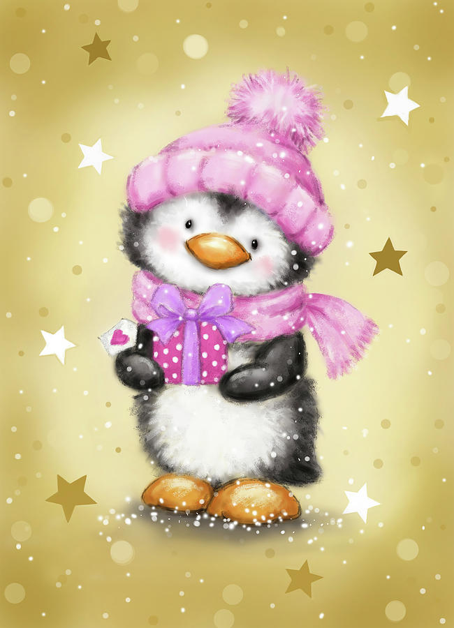 Penguin With Pink Package Mixed Media by Makiko - Fine Art America