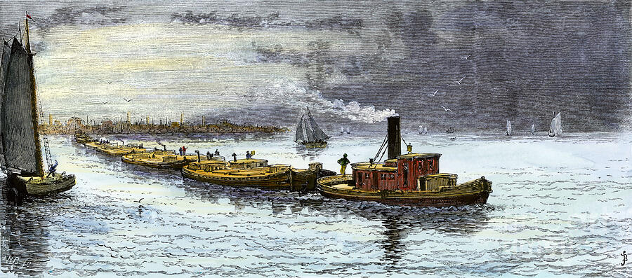 Peniches Loaded With Chicago Cereals Drawn To Reach The Erie Canal Through Lake Michigan, 1870 Colour Engraving Of The 19th Century Drawing by American School