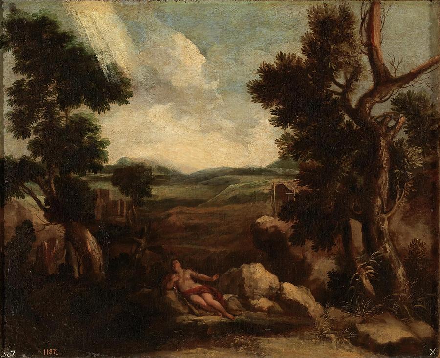 Penitent Magdalen. s XVII - XVIII century. Oil on canvas. Painting by Carlo Maratta -1625-1713- Gaspard Dughet -1615-1675-