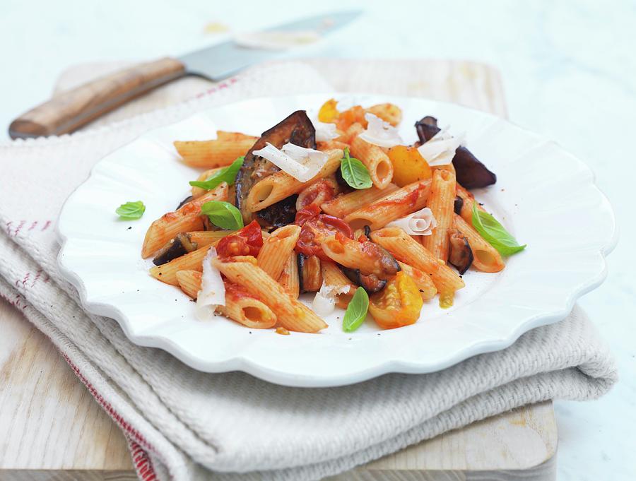Penne Alla Norma With Aubergines, Tomatoes And Basil Photograph by Hugh Johnson