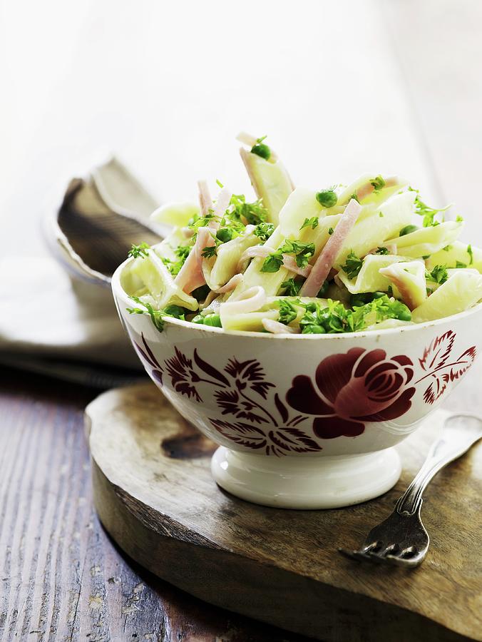 Penne Pasta With Gorgonzola, Peas, Ham And Parsley Photograph by Mikkel Adsbl