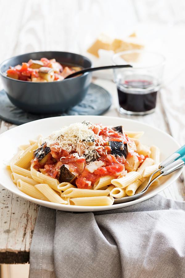 Penne Rigate With A Tomato And Aubergine Sauce And Bacon Photograph by ...