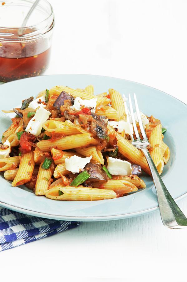 Penne With Aubergines And Goats Cheese Photograph by Food Experts Group