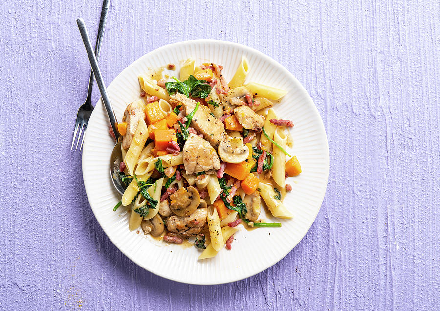 Penne With Squash, Rabbit, Bacon And Mushroom Photograph by Thys