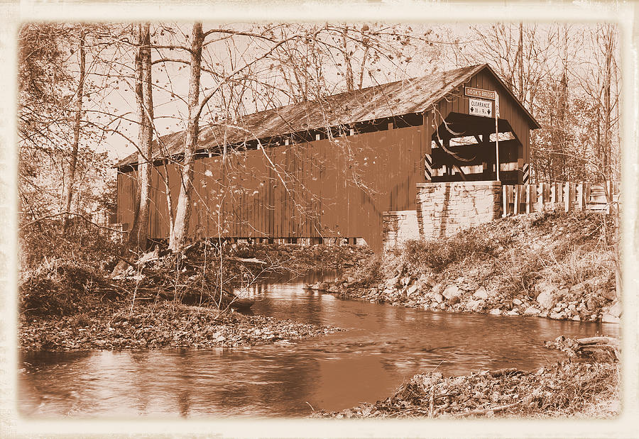 Pennsylvania Country Roads - Books Covered Bridge Over Sherman Creek Sepia - Perry County Photograph by Michael Mazaika