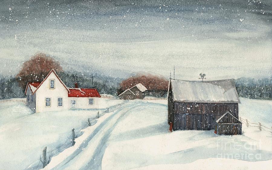 Winter Painting - Pennsylvania Farmhouse - Chance of flurries by Janine Riley