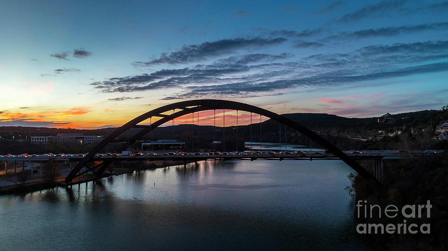 Sunset Photograph - Pennybacker Bridge the 360 Bridge, during a colorful drivetime by Dan Herron