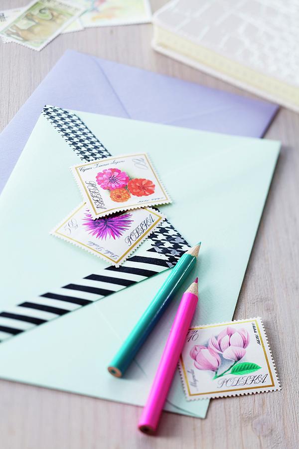 Pens, Decorated Envelopes & Decorative Postage Stamps Photograph by Franziska Taube