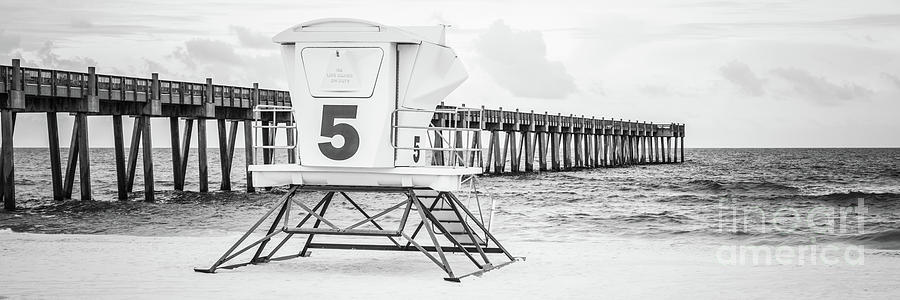 Black And White Photograph - Pensacola Pier and Lifeguard Shack 5 Black and White Panorama Ph by Paul Velgos