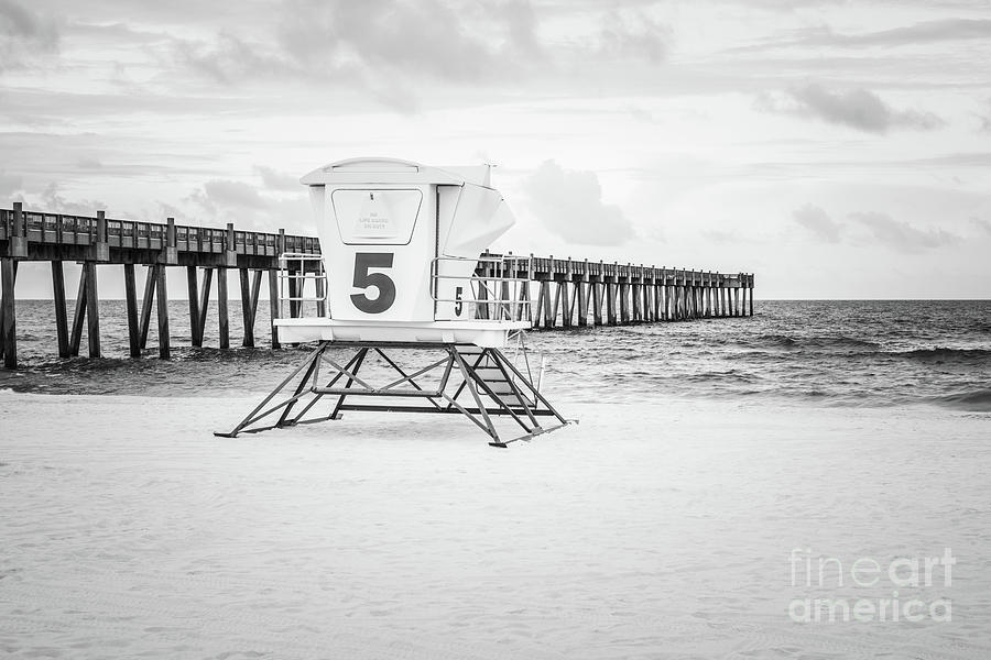 Pensacola Pier and Lifeguard Station 5 Black and White Photo Photograph by Paul Velgos