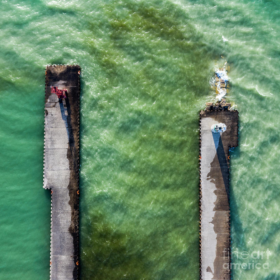 Pentwater Piers Aerial Square Photograph