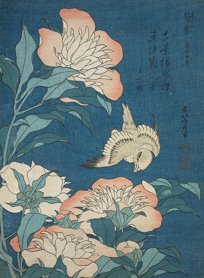 Peonies and Canary, from an untitled series known as Small Flowers Relief by Katsushika Hokusai