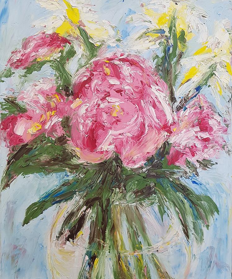 Spring Painting - Peonies And Irises by Doc Bag