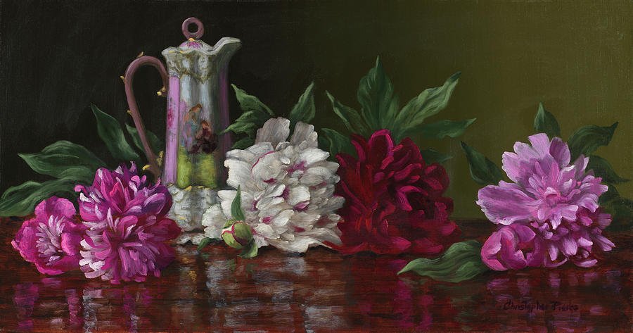 Still Life Painting - Peonies And Tea by Christopher Pierce
