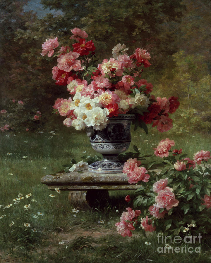 Peonies In An Urn In A Garden Painting by Louis Marie Lemaire
