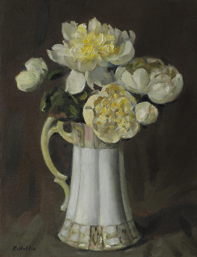 Still Life Painting - Peonies in Hand-Painted Japanese Chocolate Pot by Robert Holden