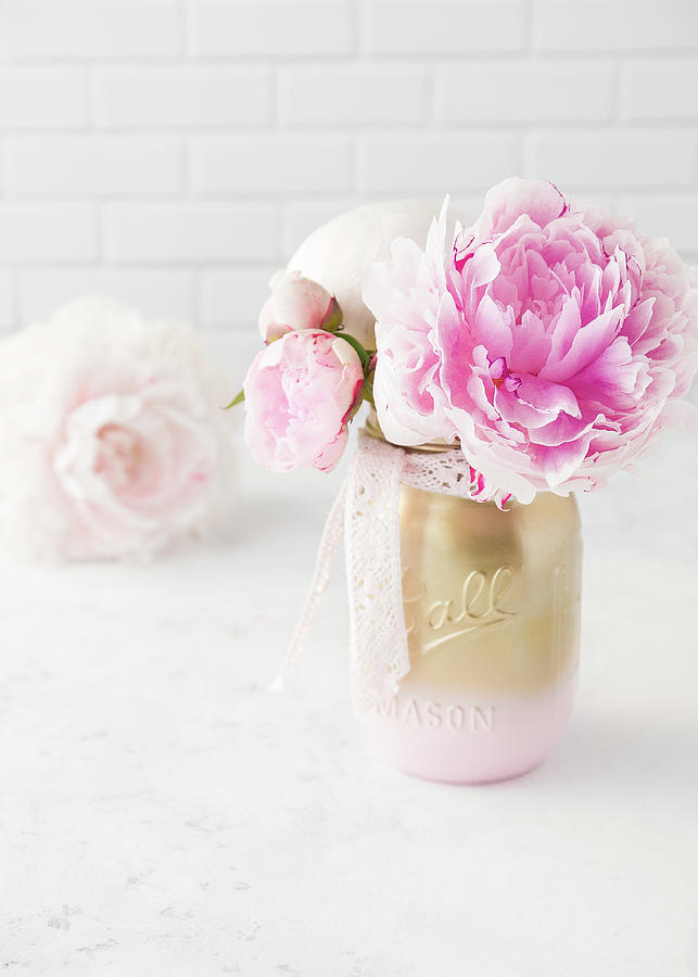 Peonies In Jar Painted Pink And Gold Photograph by Emma Friedrichs