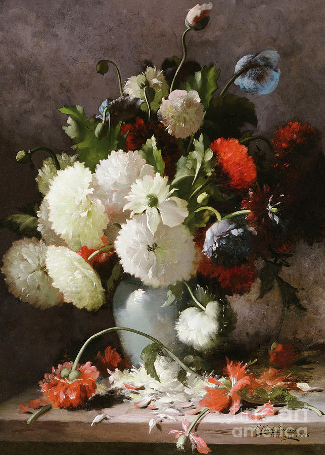 Peonies on a Stone Ledge, 1886 Painting by Frans Mortelmans