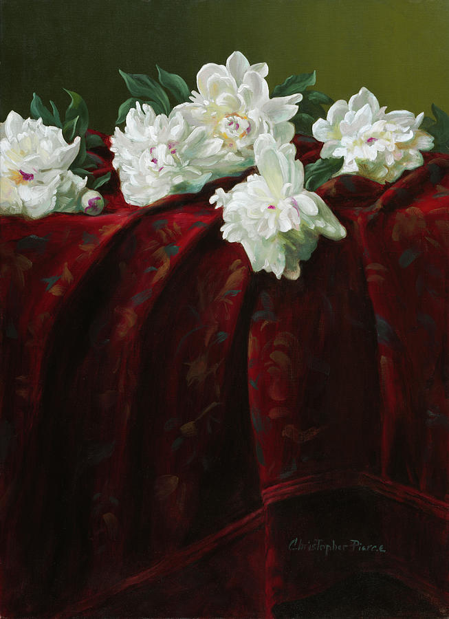 Still Life Painting - Peonies On Crimson by Christopher Pierce