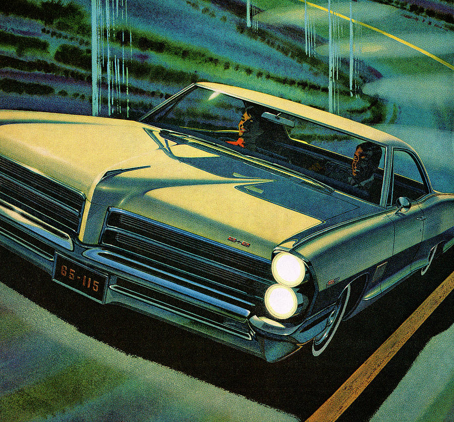 Transportation Drawing - People Driving Vintage Car at Night by CSA Images