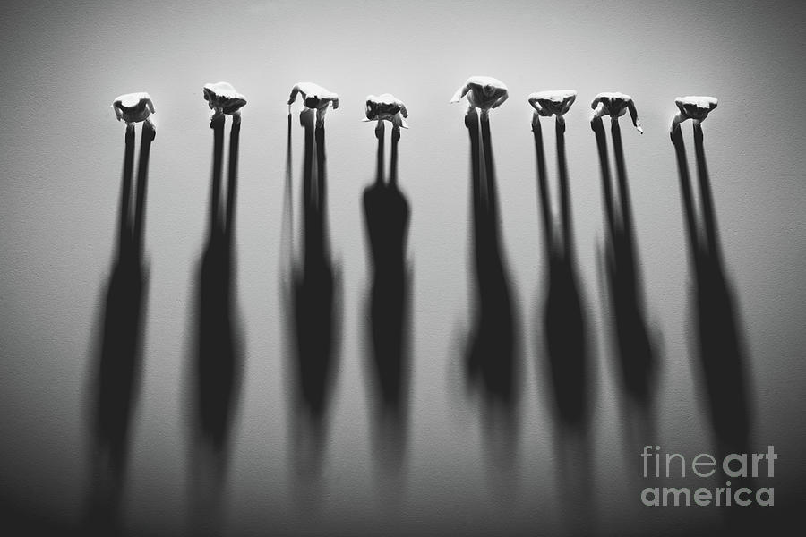 People figures standing in a row, casting shadows. Photograph by Michal Bednarek