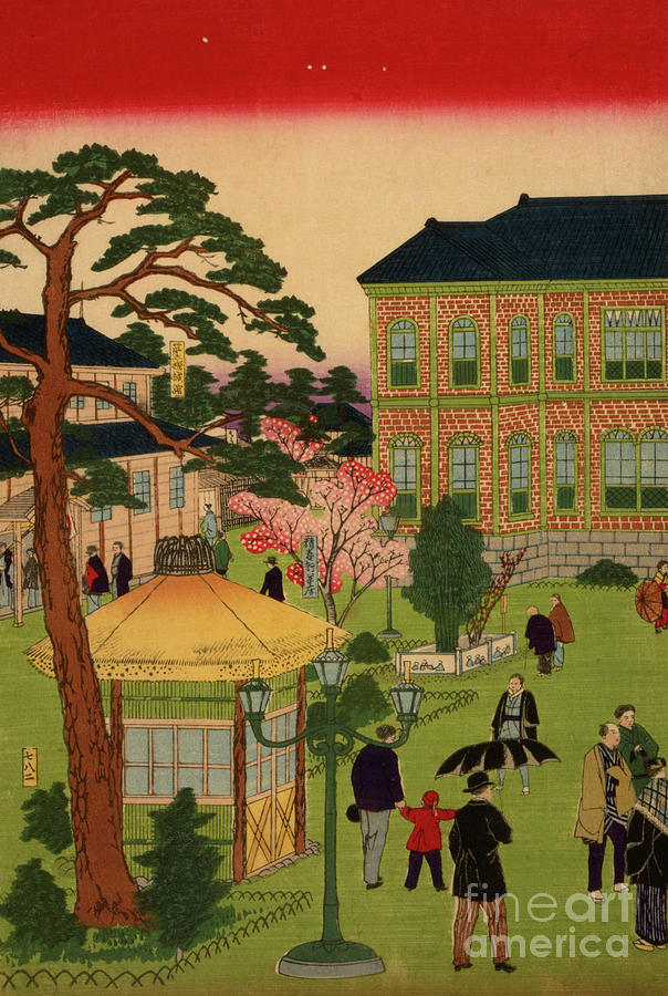 People gathered at Ueno Park, 1881 Painting by Japanese School