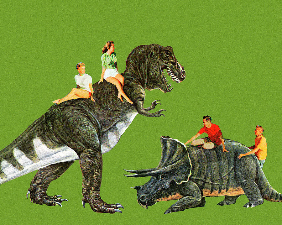 Prehistoric Drawing - People Riding Dinosaurs by CSA Images