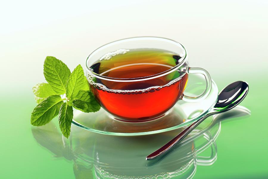 Peppermint Tea In A Glass Cup With A Sprig Of Fresh Mint On The Saucer Photograph by Christian Schuster