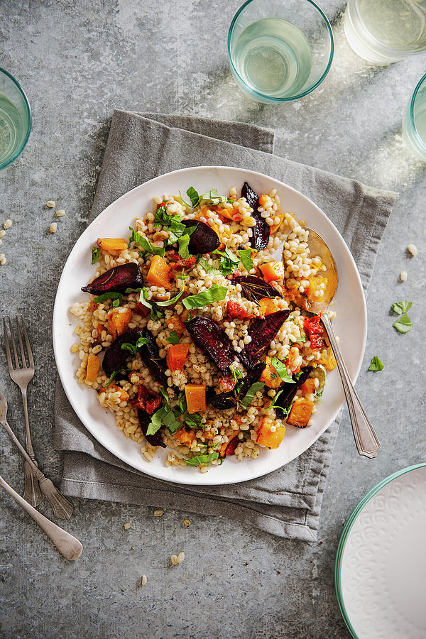 Peral Barley Salad With Roasted Squash, Beetroots, Tomatoes With Honey And Dijon Mustard Dressing Photograph by Magdalena Hendey