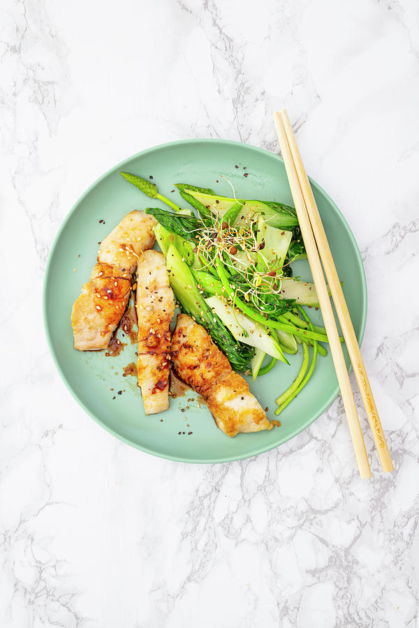 Perch Fillet With Pak Choi, Thai Asparagus And Sweet Soy Sauce Photograph by Jan Wischnewski