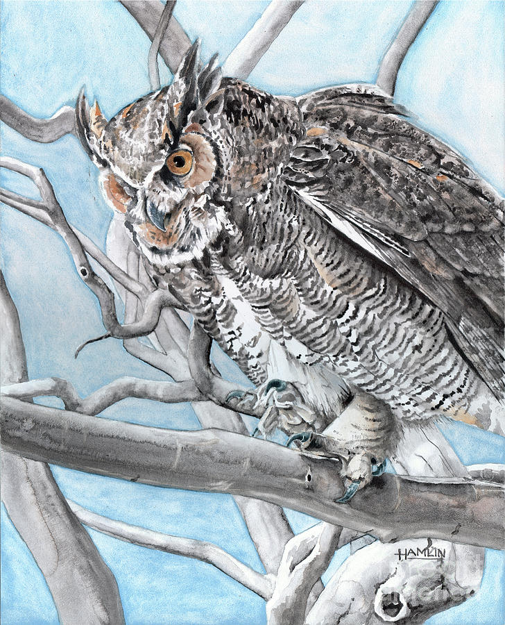 Perch Prowl - Great Horned Owl Painting by Steve Hamlin