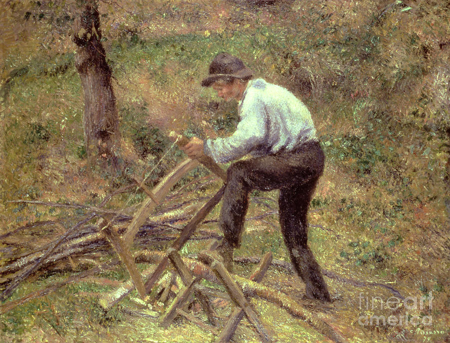 Pere Melon Sawing Wood, Pontoise, 1879 Painting by Camille Pissarro