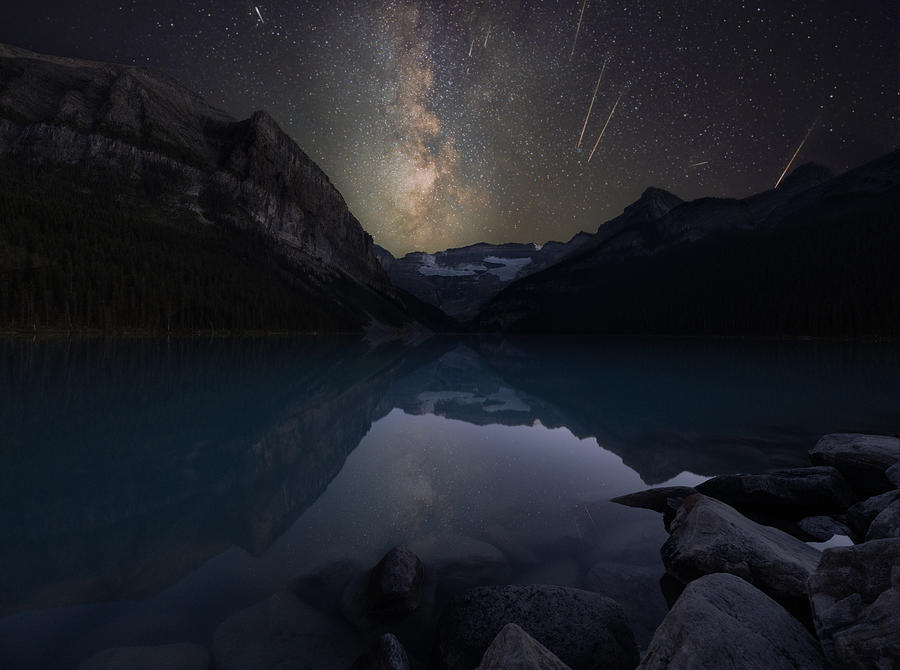 Perseid Meteor Shower At Lake Louise Photograph by Louise Yu