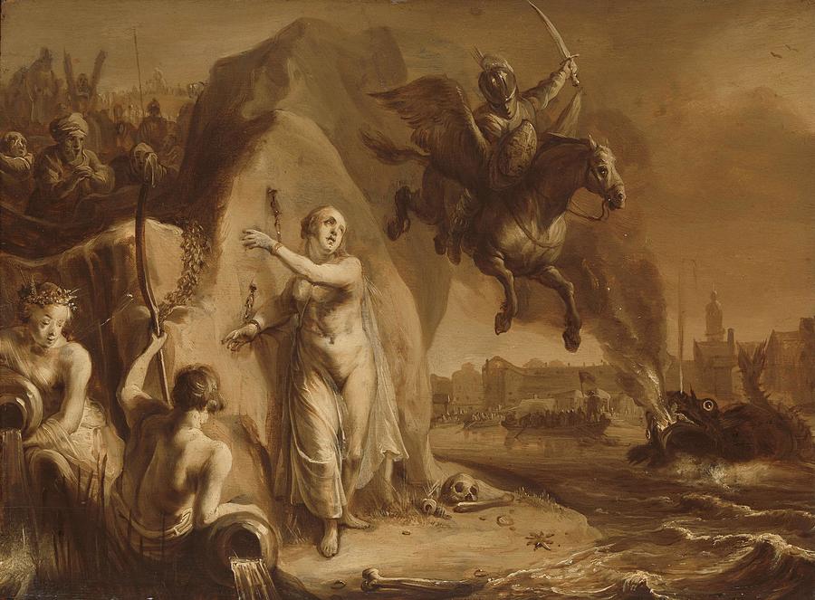 Perseus and Andromeda. Allegory of the liberation of the Netherlands by Prince Frederik Hendrik. ... Painting by Pieter Symonsz Potter -attributed to-