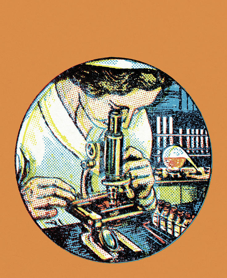 Vintage Drawing - Person Looking Through a Microscope by CSA Images