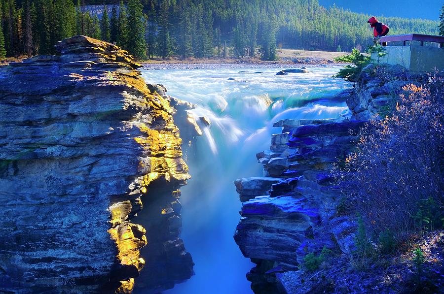 Person Viewing Athabasca Falls In The Photograph by Design Pics/corey Hochachka